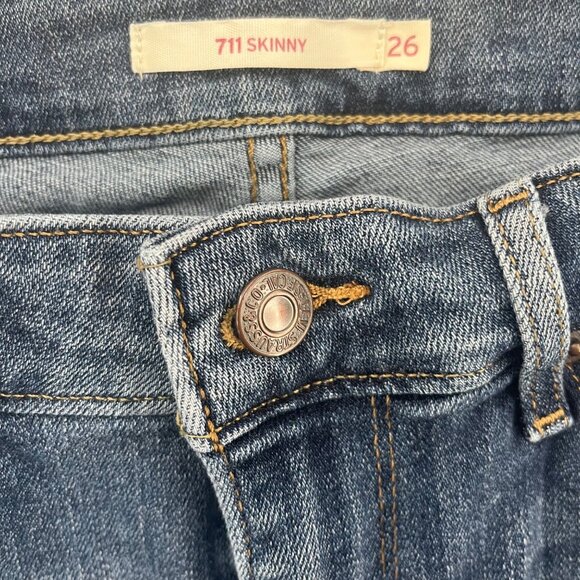 Levis 711 Skinny Jeans Womens Blue Distressed Ripped Frayed Stretch Denim Sz 26 - Picture 4 of 11